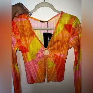 Orange printed plisse ring shirt